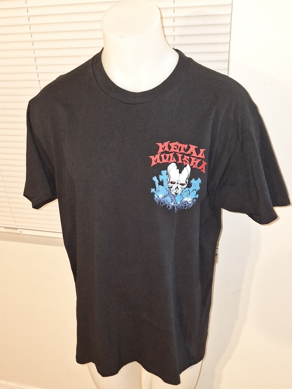 Metal Mulisha Black Tee with Red Logo and Blue Skull Accent